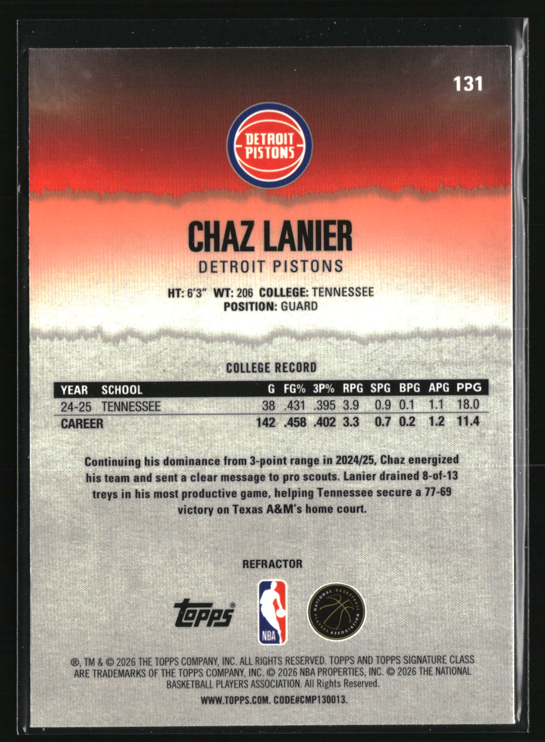 Chaz Lanier 2025-26 Topps Signature Class Chrome Refractors #131