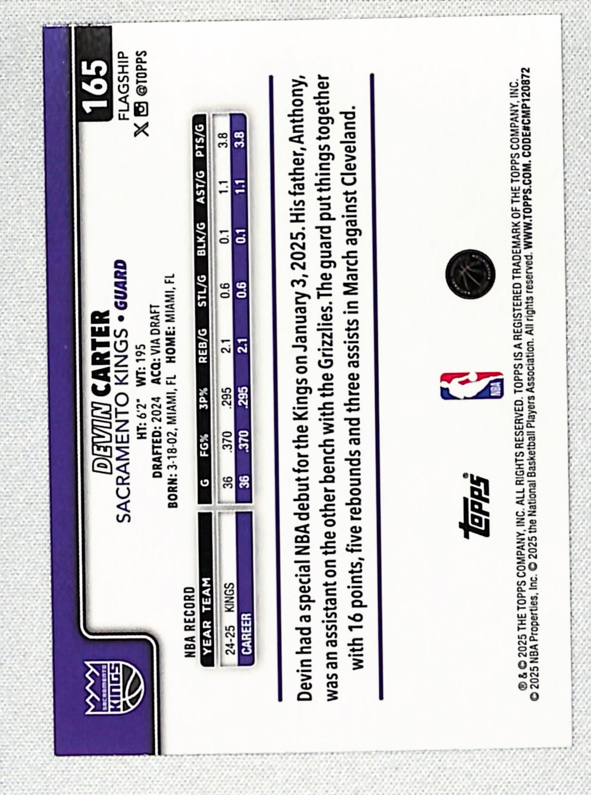 Devin Carter 2025-26 Topps Gold #165 #/2025