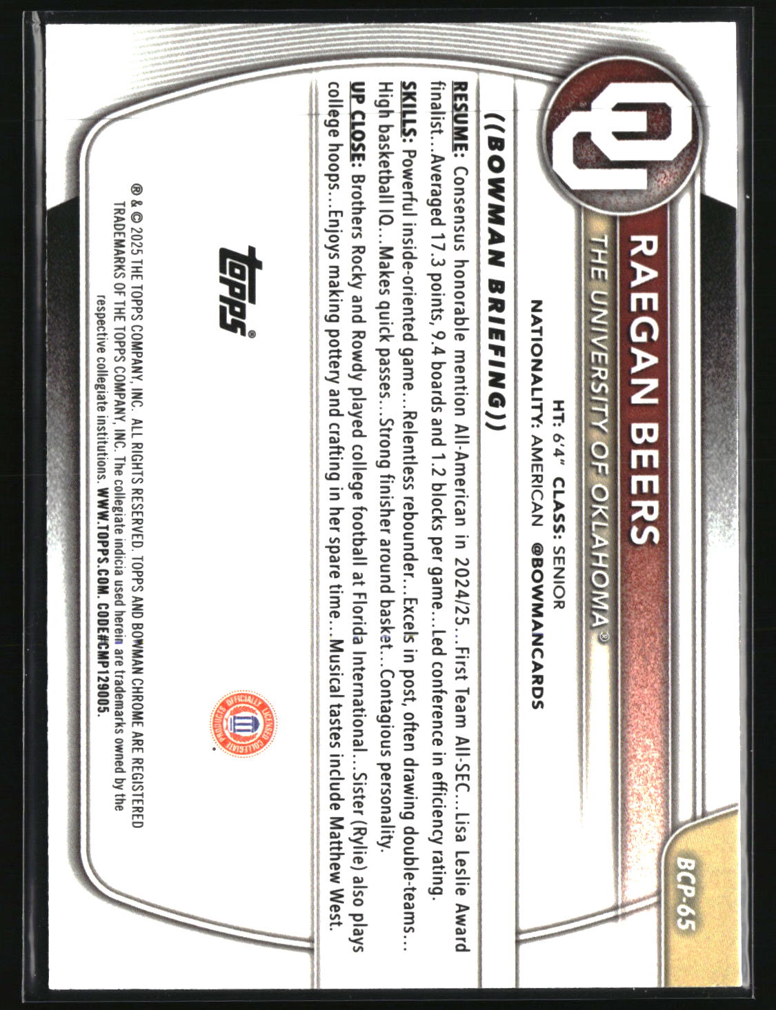 Raegan Beers 2025-26 Bowman Chrome Prospects #BCP-65