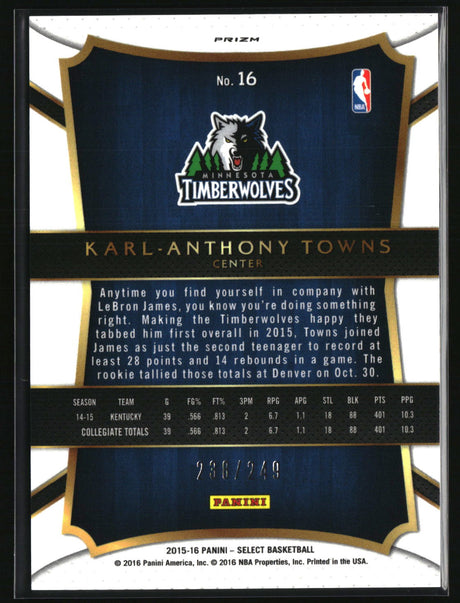 Karl-Anthony Towns 2015-16 Panini Select Blue Prizms #16 #/249