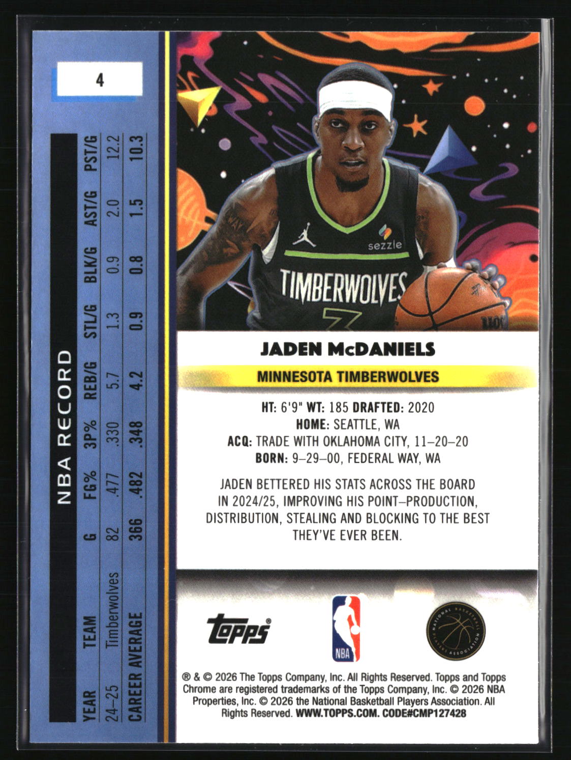 Jaden McDaniels 2025-26 Topps Chrome Cosmic #4