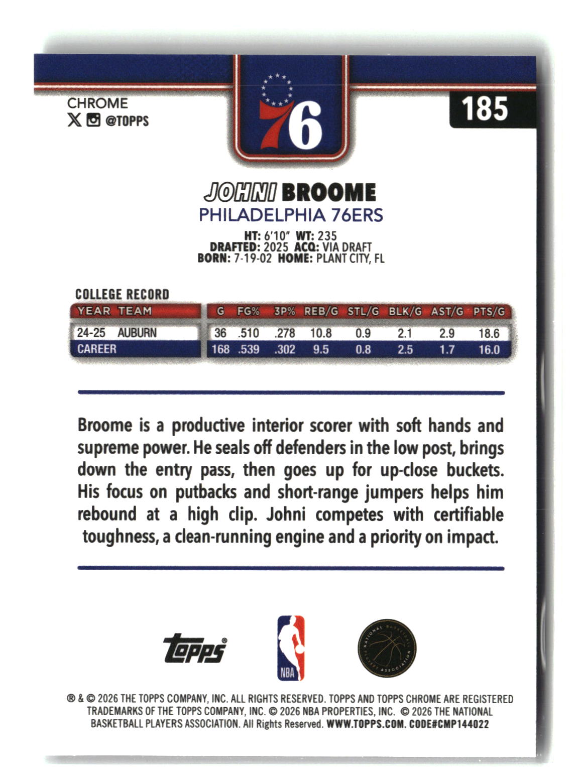 Johni Broome 2025-26 Topps Chrome Update #185