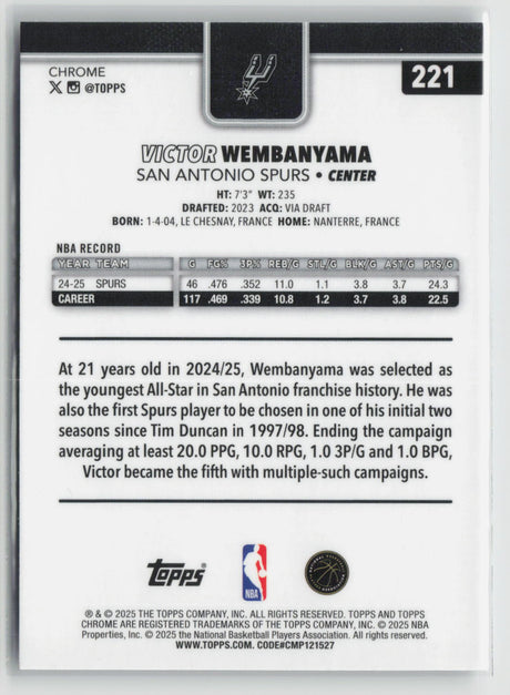 Victor Wembanyama 2025-26 Topps Chrome #221