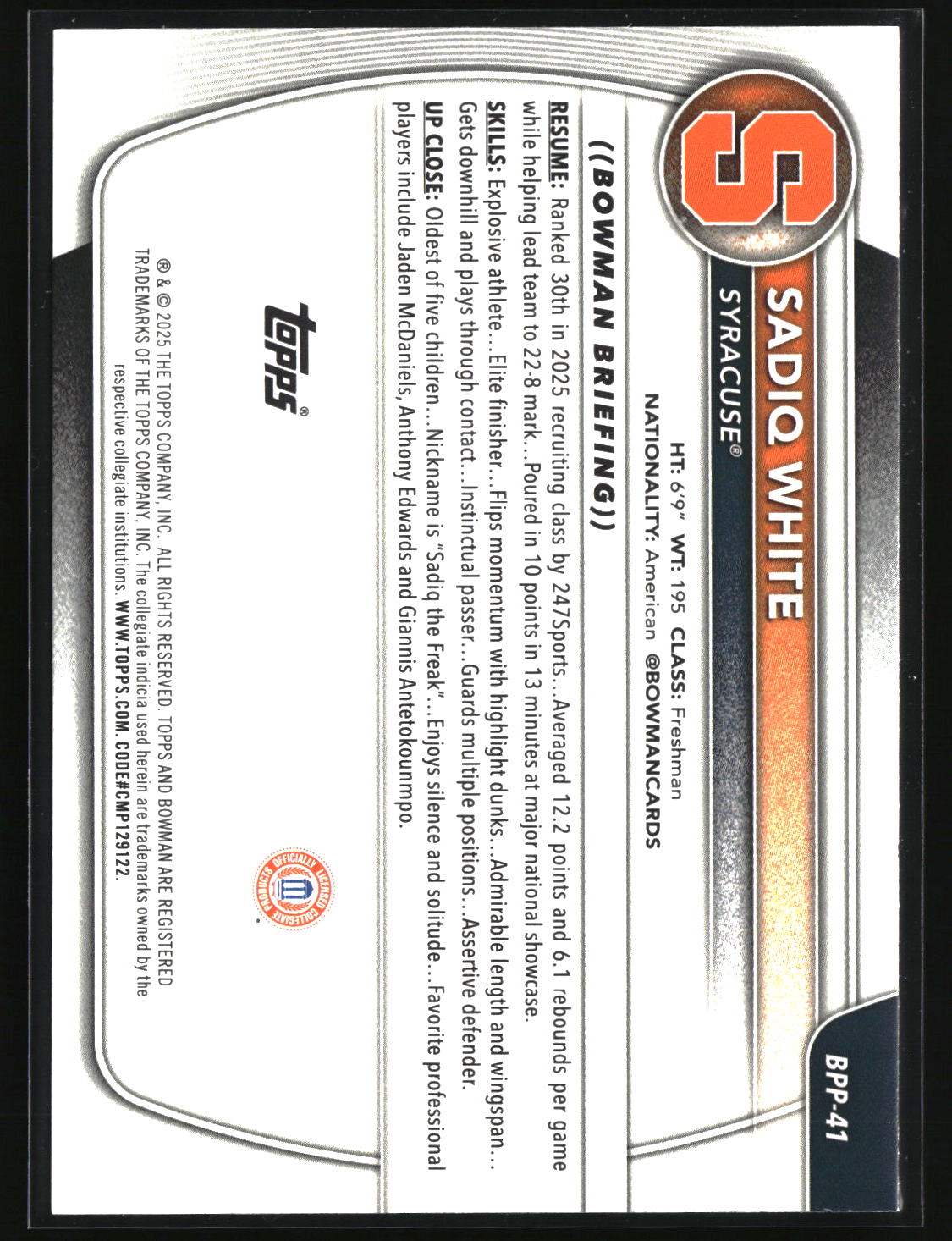 Sadiq White Jr. 2025-26 Bowman Prospects Blue Border #BPP-41 #/150