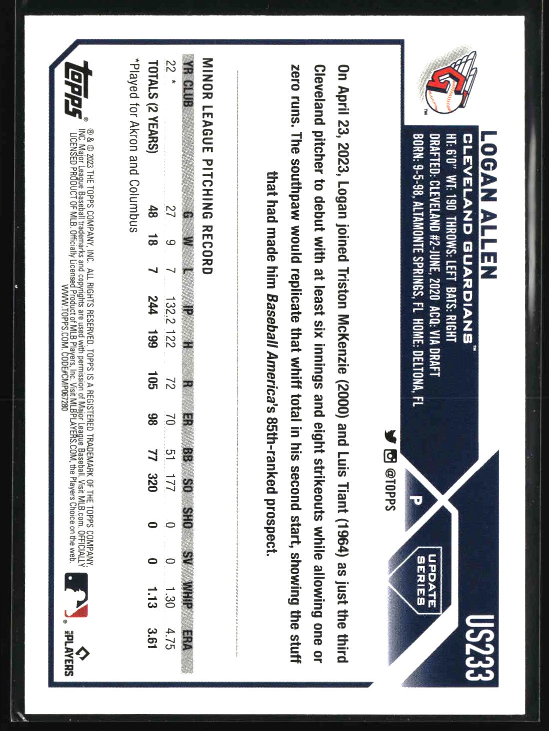 Logan Allen 2023 Topps Update Rainbow Foil #US233