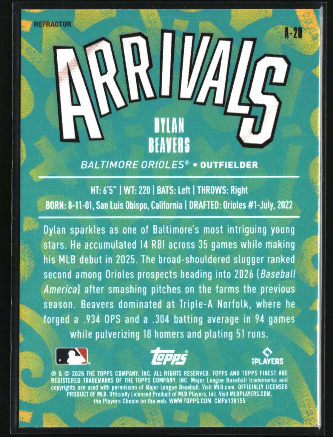 Dylan Beavers 2026 Finest Arrivals Refractors #A-20