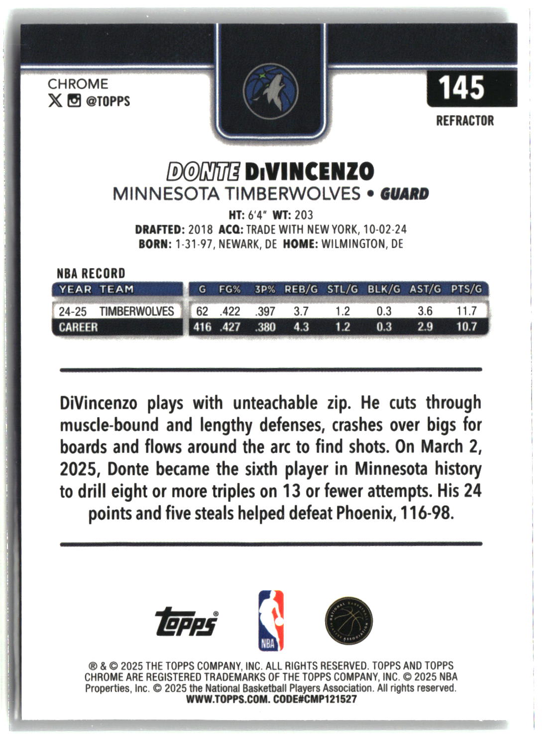 Donte DiVincenzo 2025-26 Topps Chrome Refractor #145