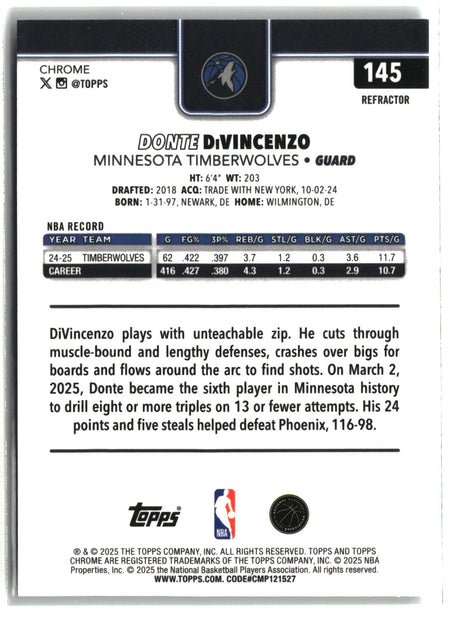 Donte DiVincenzo 2025-26 Topps Chrome Refractor #145