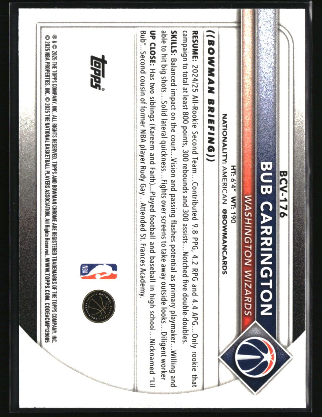 Bub Carrington 2025-26 Bowman Chrome Reptilian Refractor #BCV-176