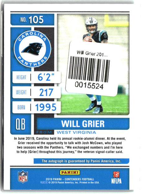 Will Grier 2019 Panini Contenders Championship Ticket #105 #/25