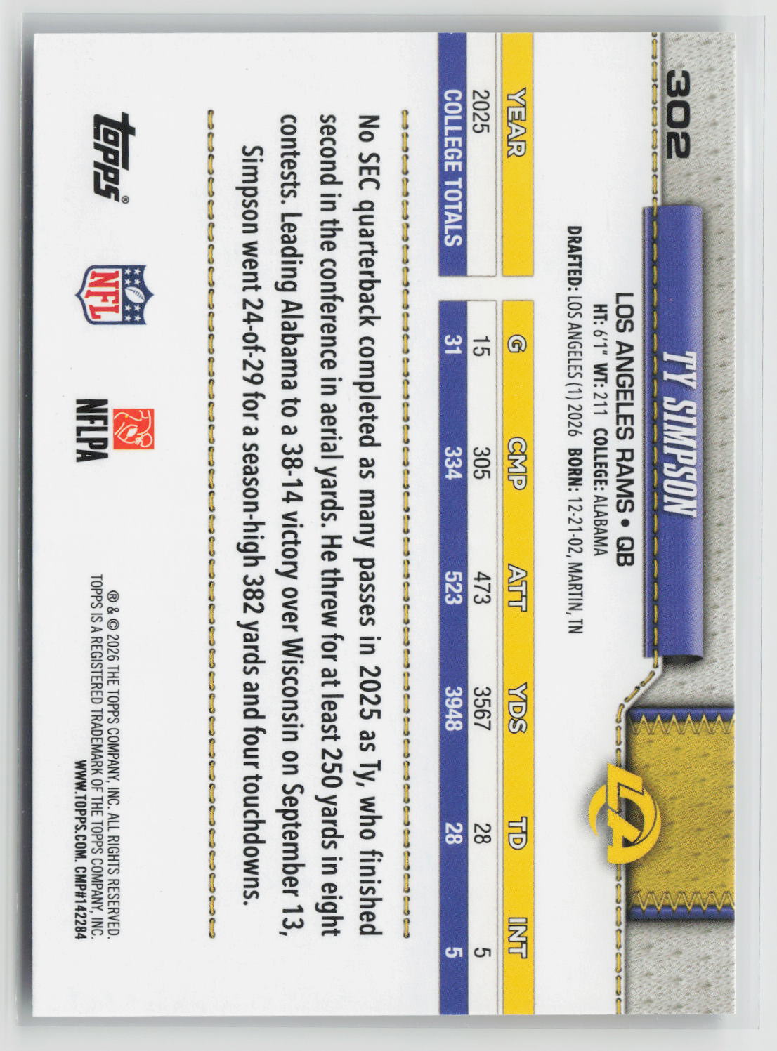 Ty Simpson 2026 Topps Flagship #302