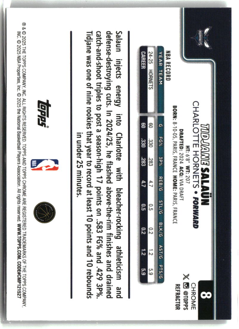 Tidjane Sala�n 2025-26 Topps Chrome Refractor #8