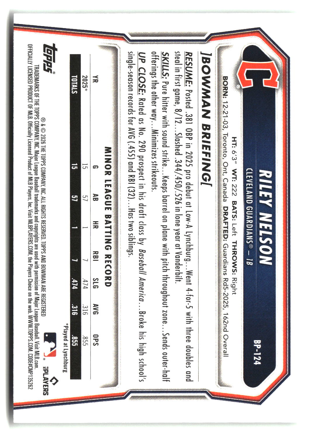 Riley Nelson 2026 Bowman Prospects #BP-124