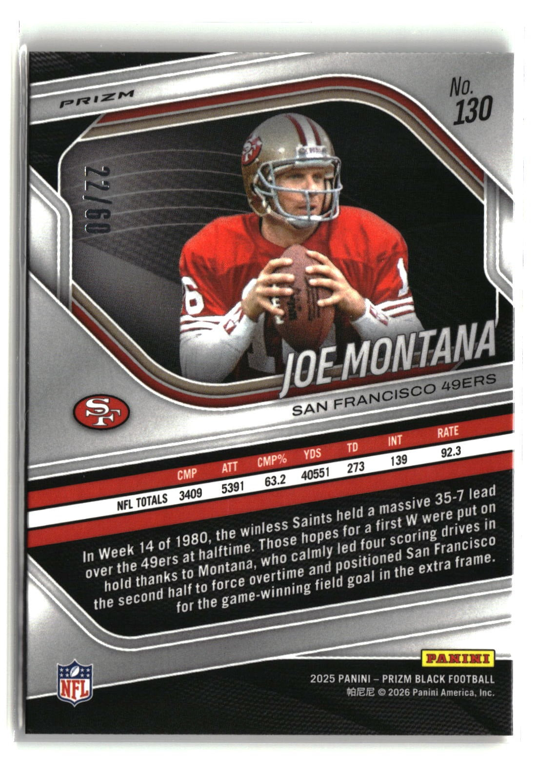 Joe Montana 2025 Panini Prizm Black Prizms Orange Wave #130 22/60