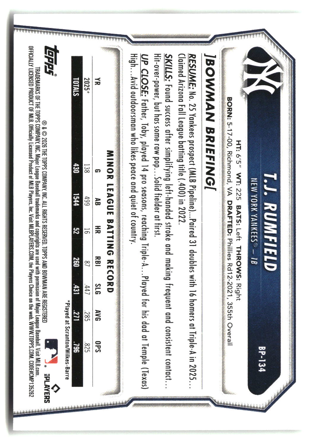 T.J. Rumfield 2026 Bowman Prospects #BP-134