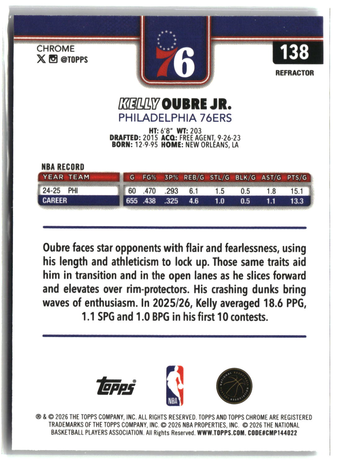 Kelly Oubre Jr. 2025-26 Topps Chrome Update Refractor #138