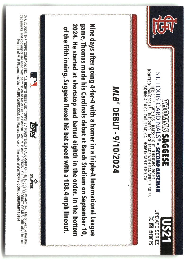 Thomas Saggese 2025 Topps Update #US21