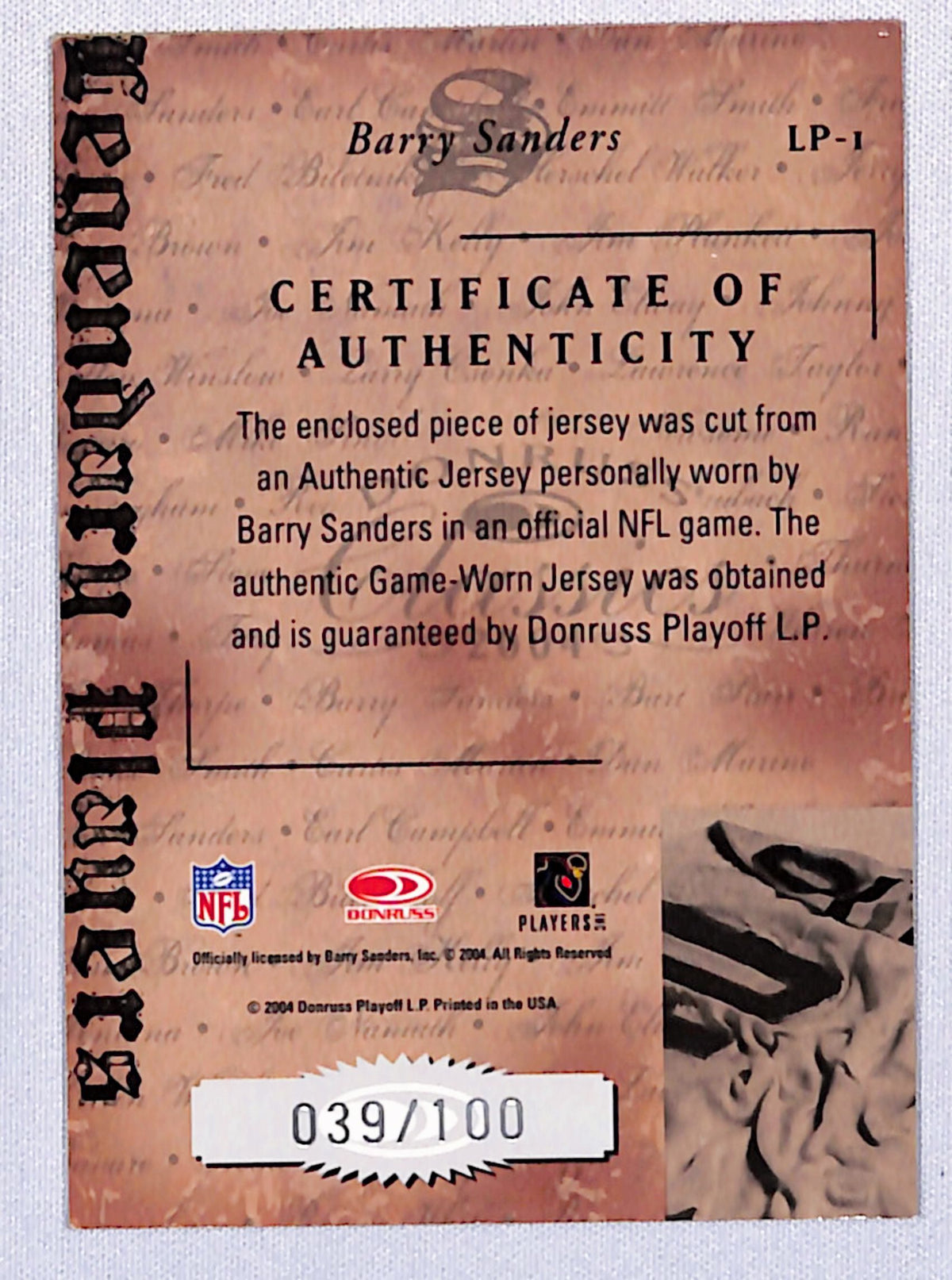 Barry Sanders 2004 Donruss Classics Legendary Players Jerseys #LP-1 39/100