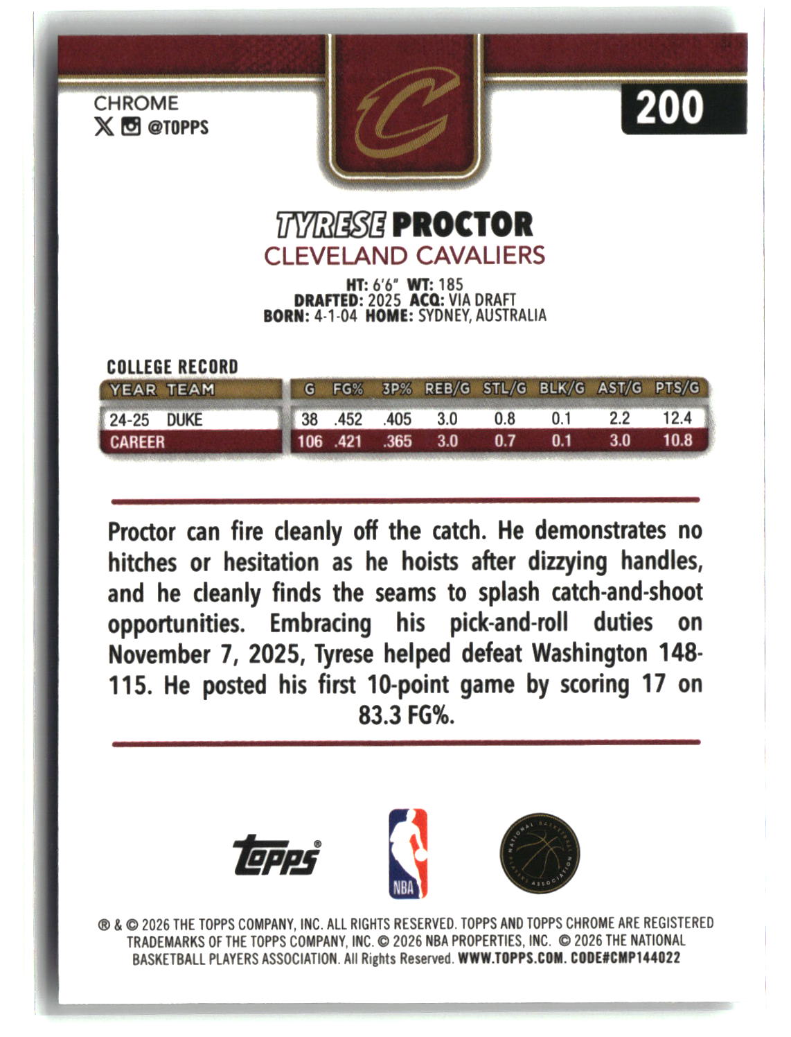 Tyrese Proctor 2025-26 Topps Chrome Update #200
