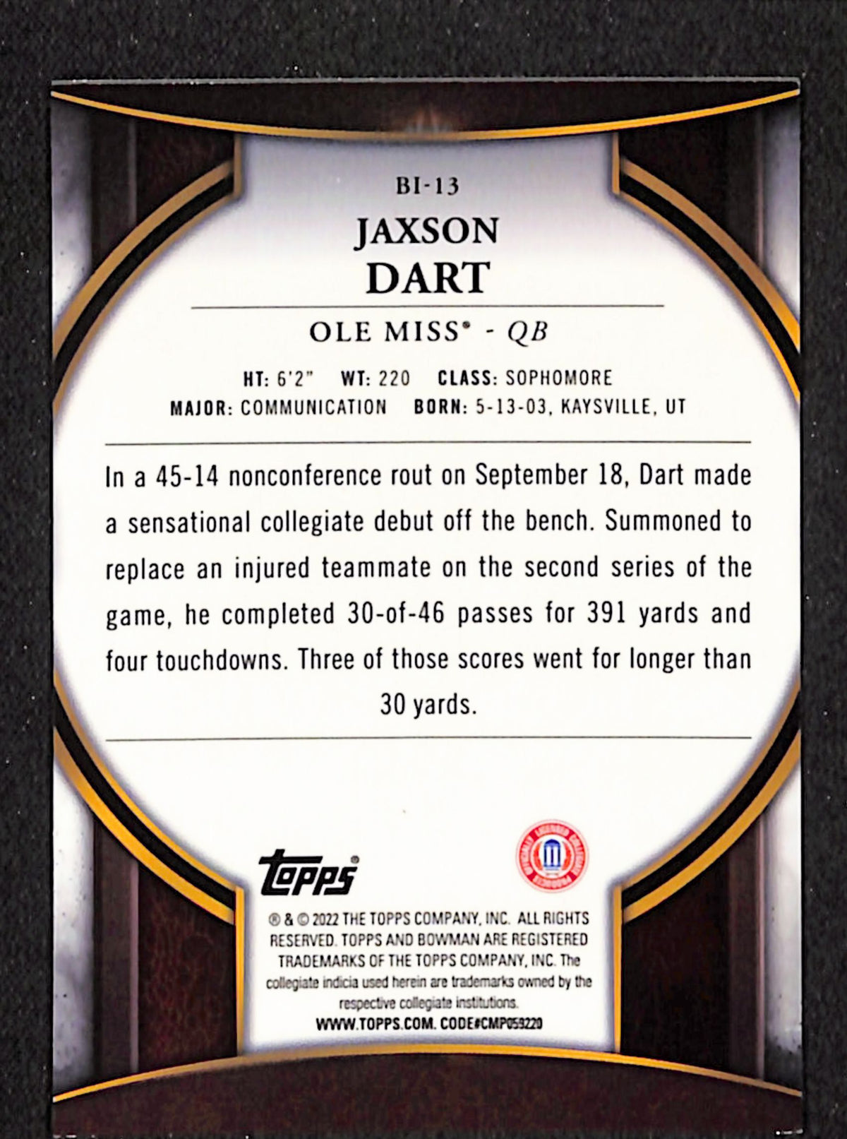 Jaxson Dart 2022 Bowman University Chrome Invicta #BI-13