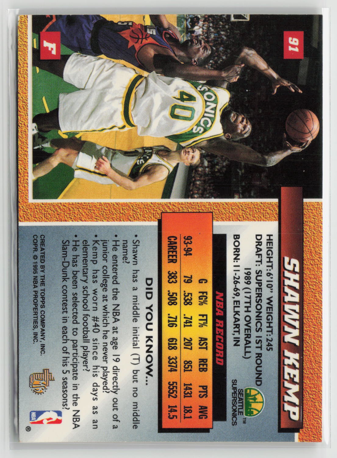Shawn Kemp 1994-95 Topps Embossed Golden Idols #91