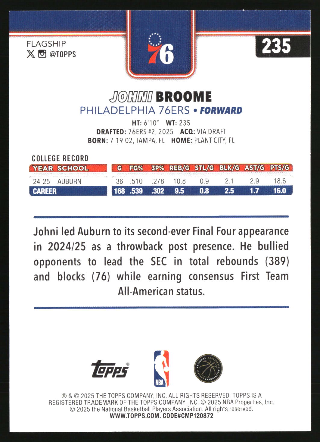 Johni Broome 2025-26 Topps #235