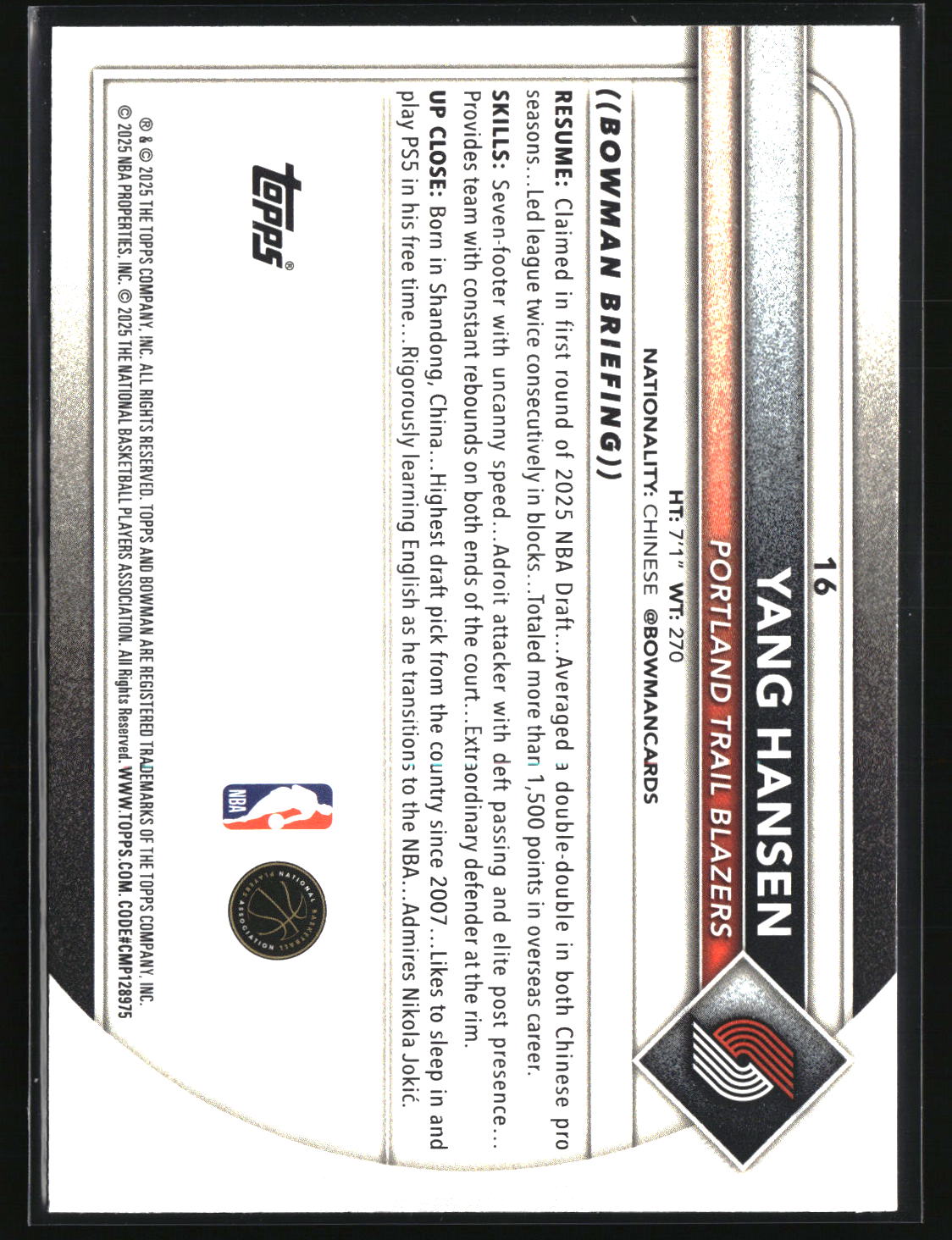 Yang Hansen 2025-26 Bowman #16
