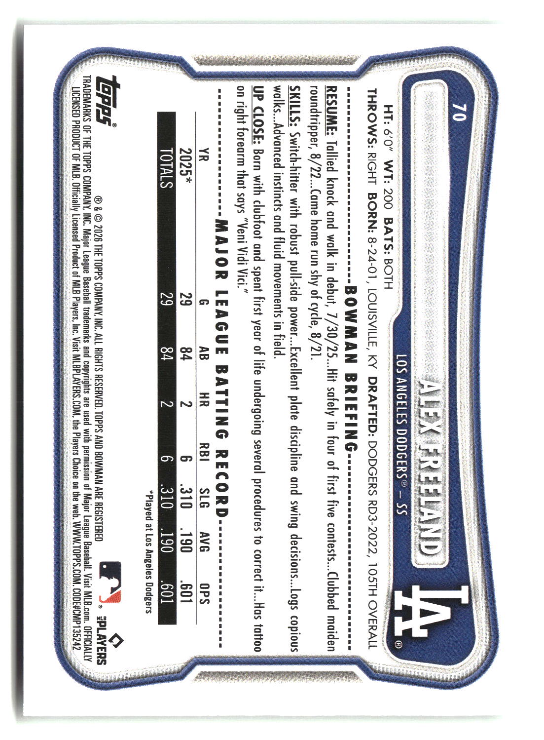 Alex Freeland 2026 Bowman #70