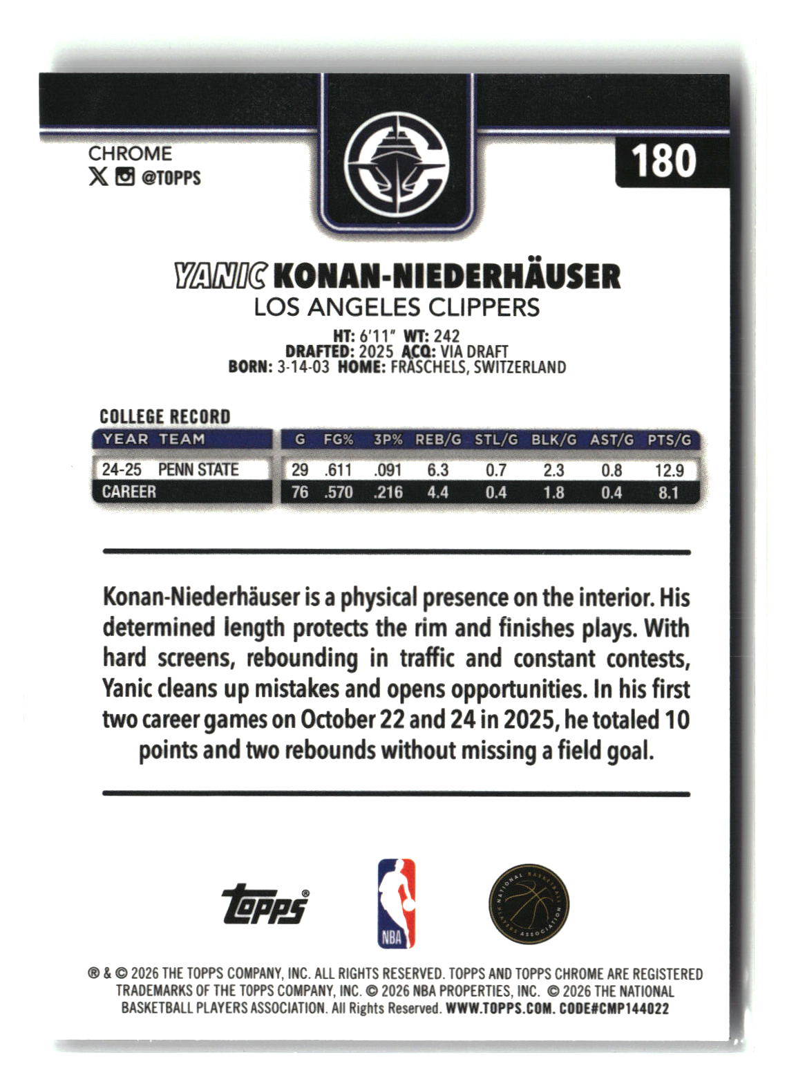 Yanic Konan-Niederhauser 2025-26 Topps Chrome Update #180