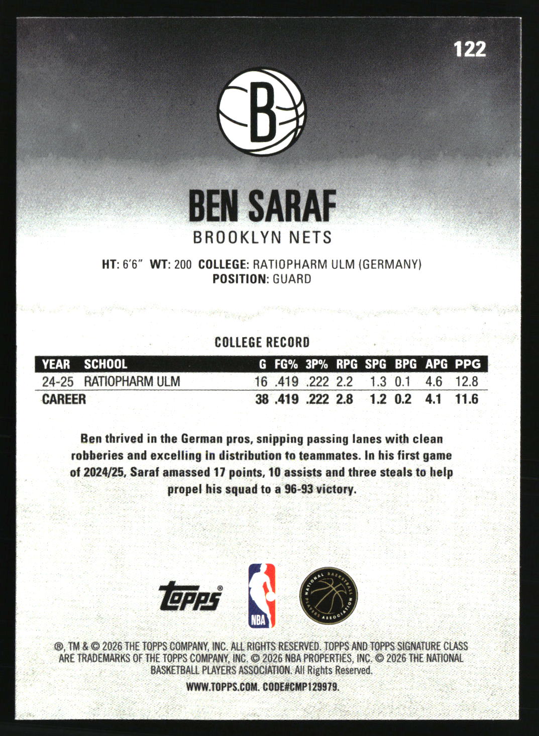 Ben Saraf 2025-26 Topps Signature Class #122