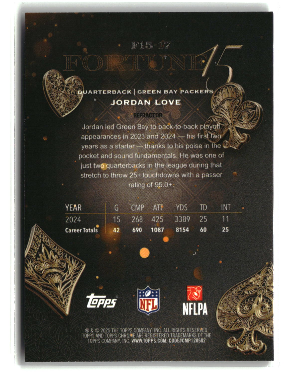 Jordan Love 2025 Topps Chrome Fortune 15 Refractor #F15-17