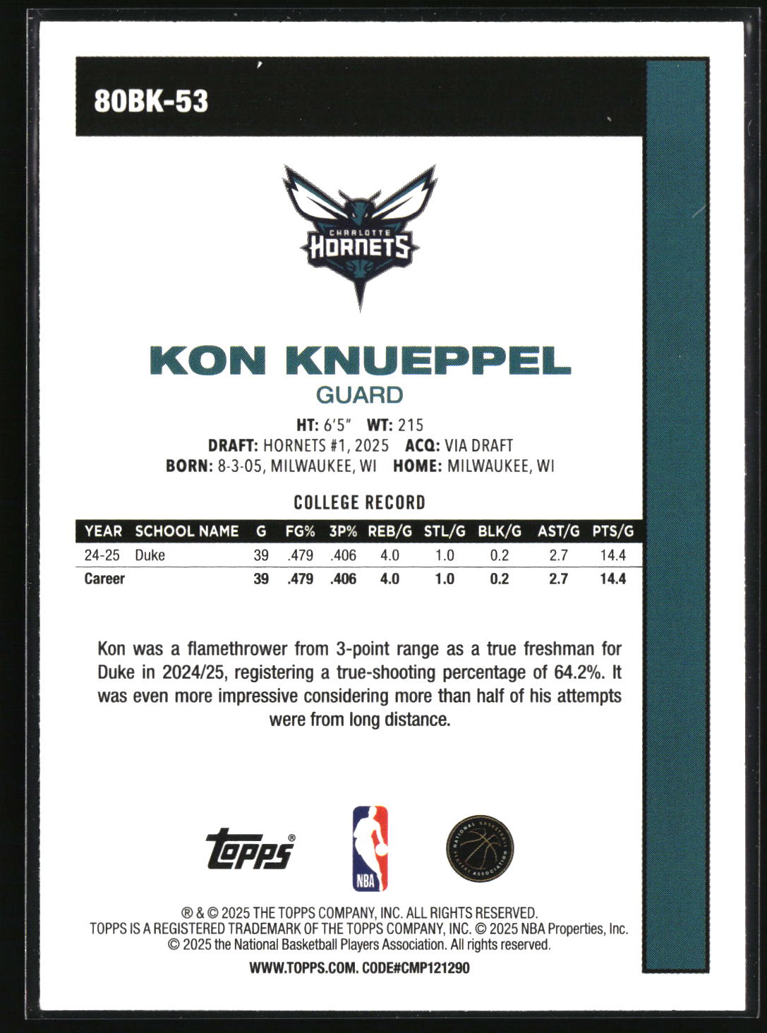 Kon Knueppel 2025-26 Topps 1980-81 Topps Basketball #80BK-53