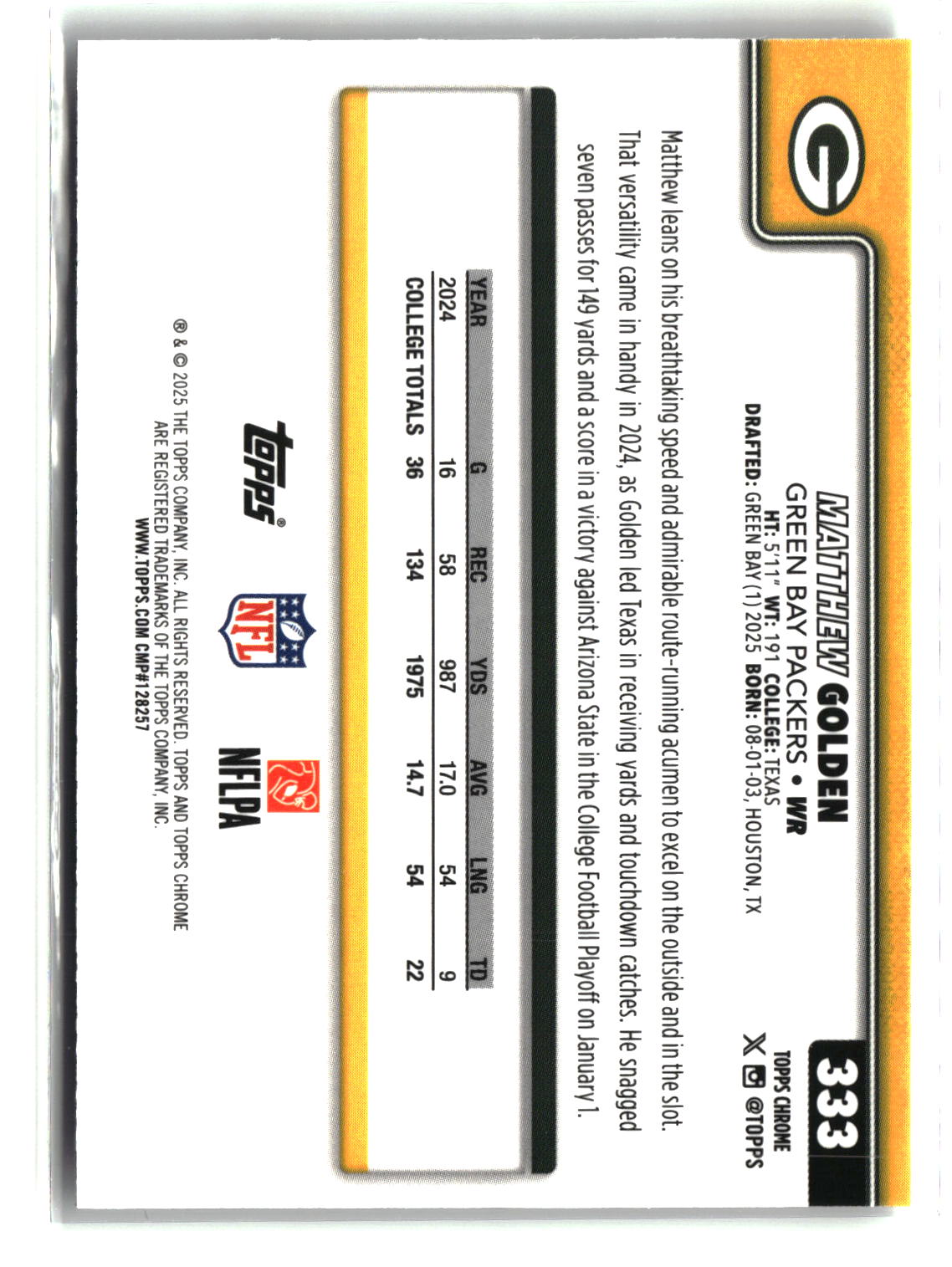 Matthew Golden 2025 Topps Chrome #333