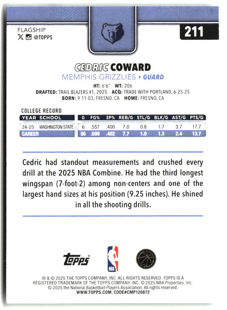 Cedric Coward 2025-26 Topps #211