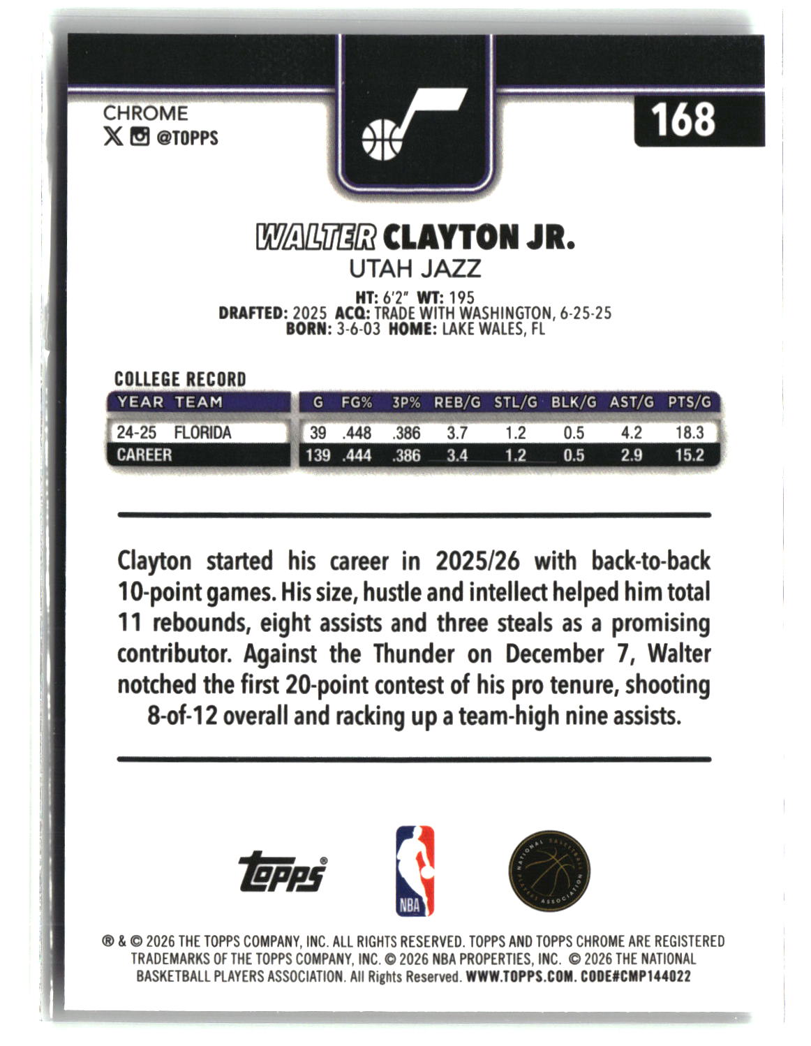 Walter Clayton Jr. 2025-26 Topps Chrome Update Refractor #168