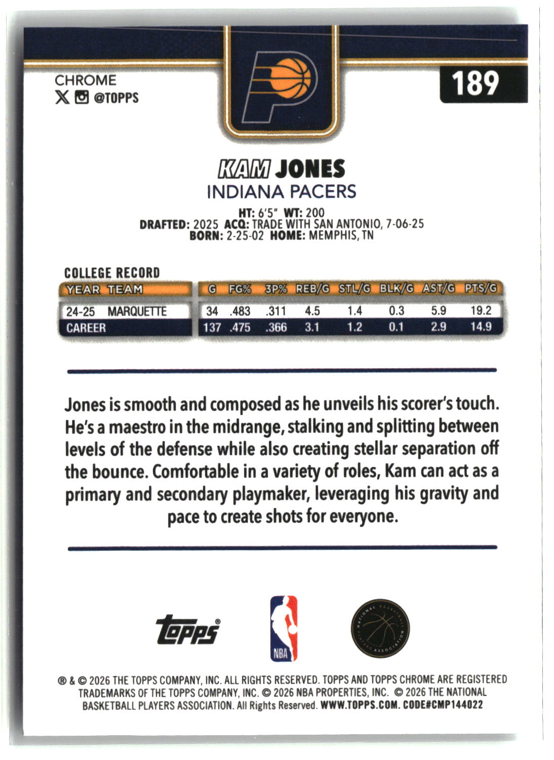 Kam Jones 2025-26 Topps Chrome Update #189