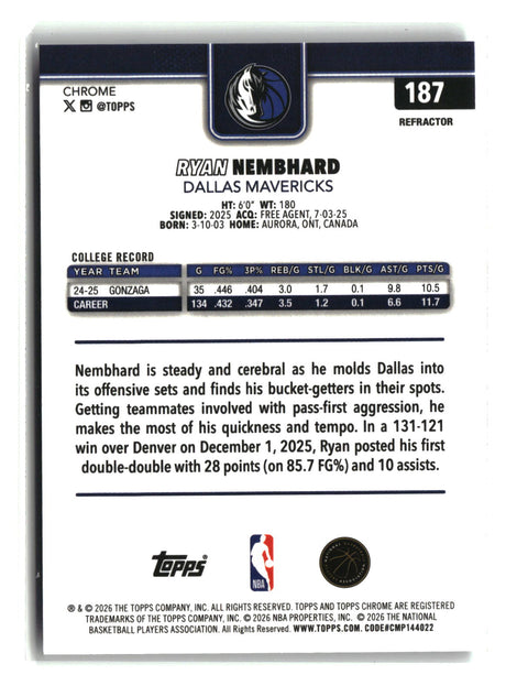 Ryan Nembhard 2025-26 Topps Chrome Update Refractor #187