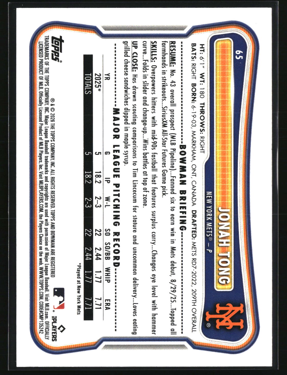 Jonah Tong 2026 Bowman #65