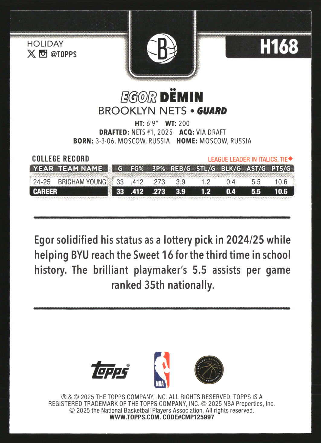 Egor Demin 2025-26 Topps Holiday #H168