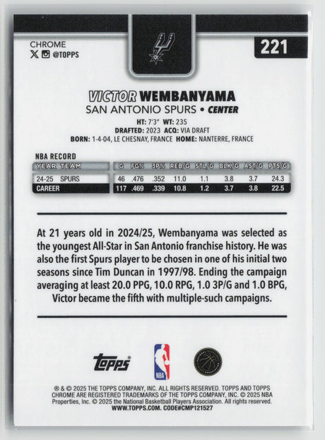 Victor Wembanyama 2025-26 Topps Chrome #221