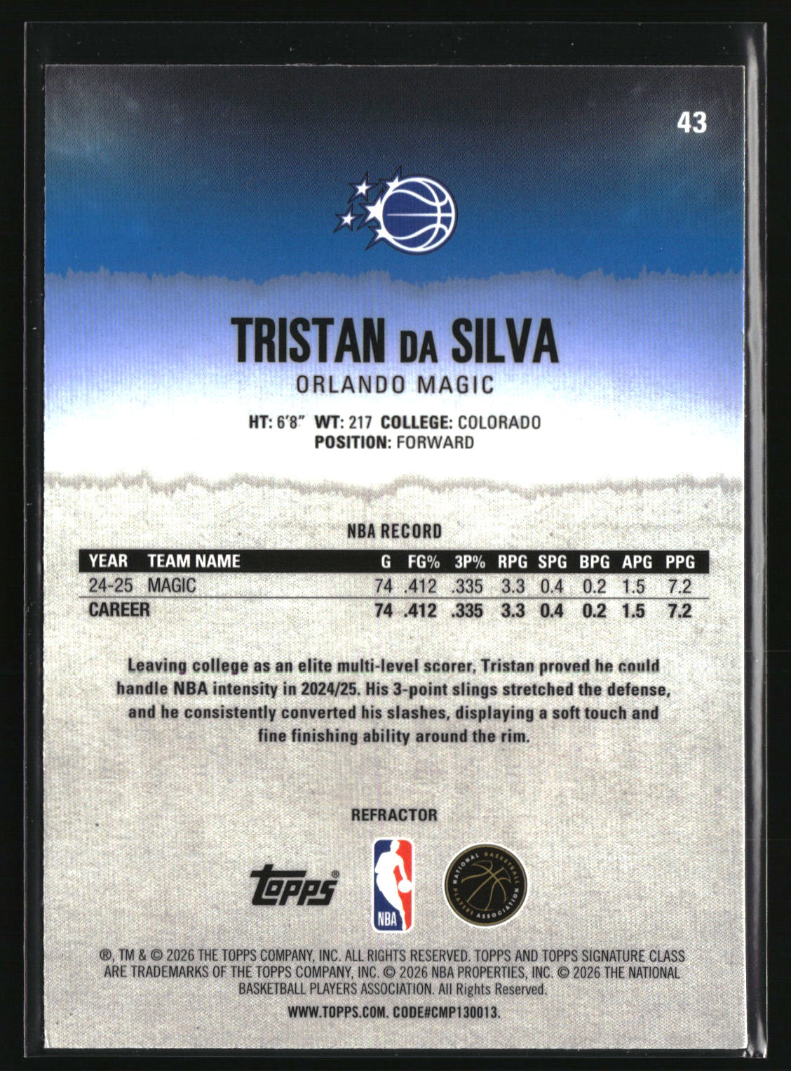 Tristan da Silva 2025-26 Topps Signature Class Chrome Refractors #43