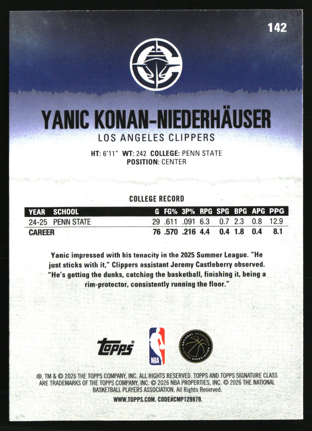 Yanic Konan-Niederhauser 2025-26 Topps Signature Class #142