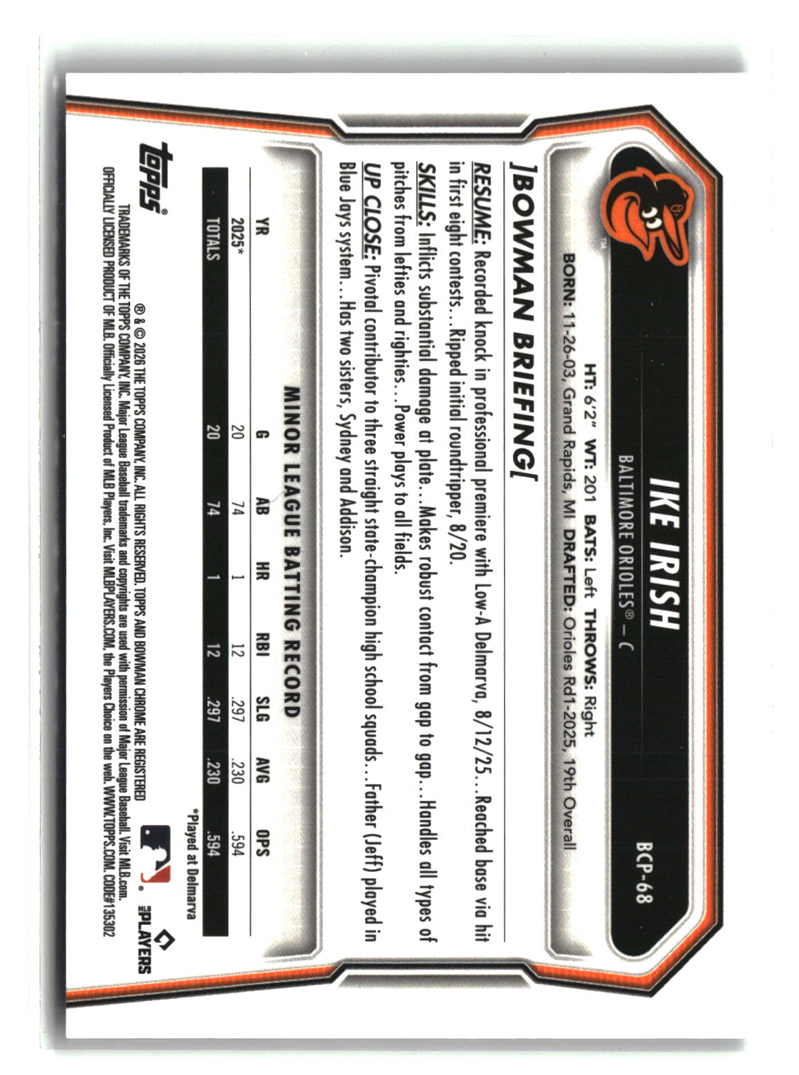 Ike Irish 2026 Bowman Chrome Prospects Reptilian Refractor #BCP-68
