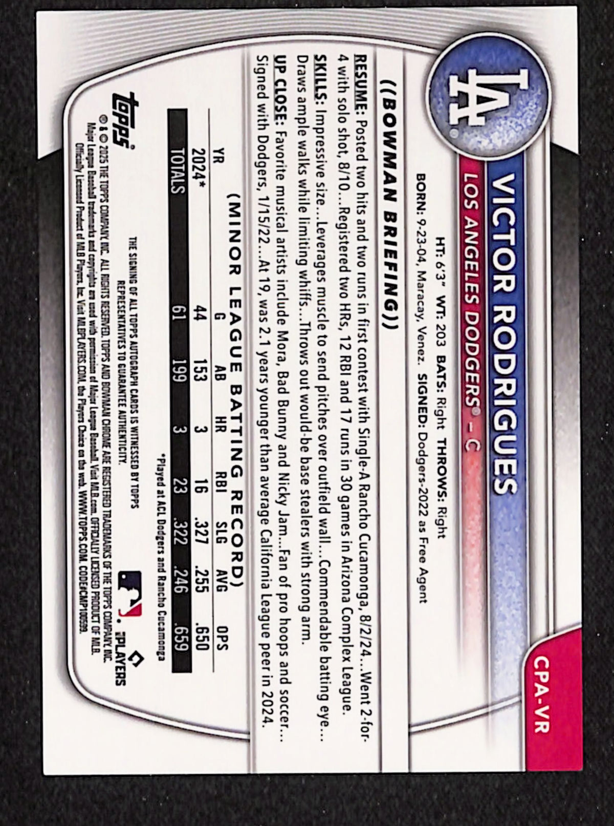 Victor Rodrigues 2025 Bowman Chrome Prospect Autographs #CPA-VR