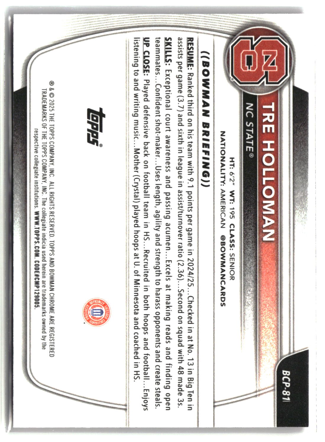 Tre Holloman 2025-26 Bowman Chrome Prospects Pink Mojo Refractor #BCP-81 #/199