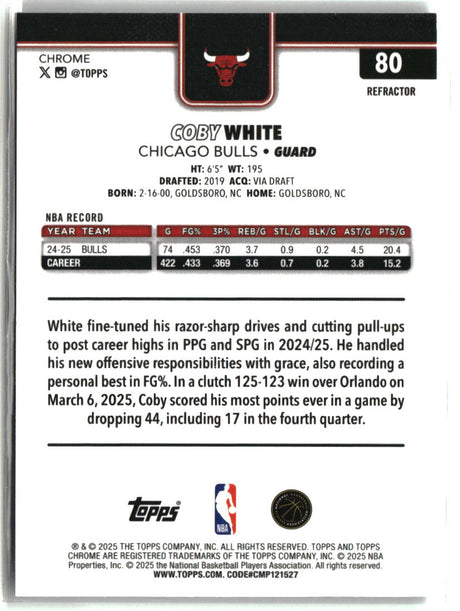 Coby White 2025-26 Topps Chrome Refractor #80