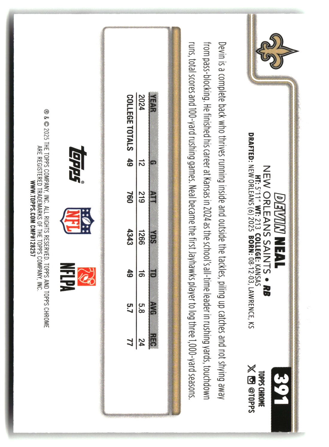 Devin Neal 2025 Topps Chrome #391