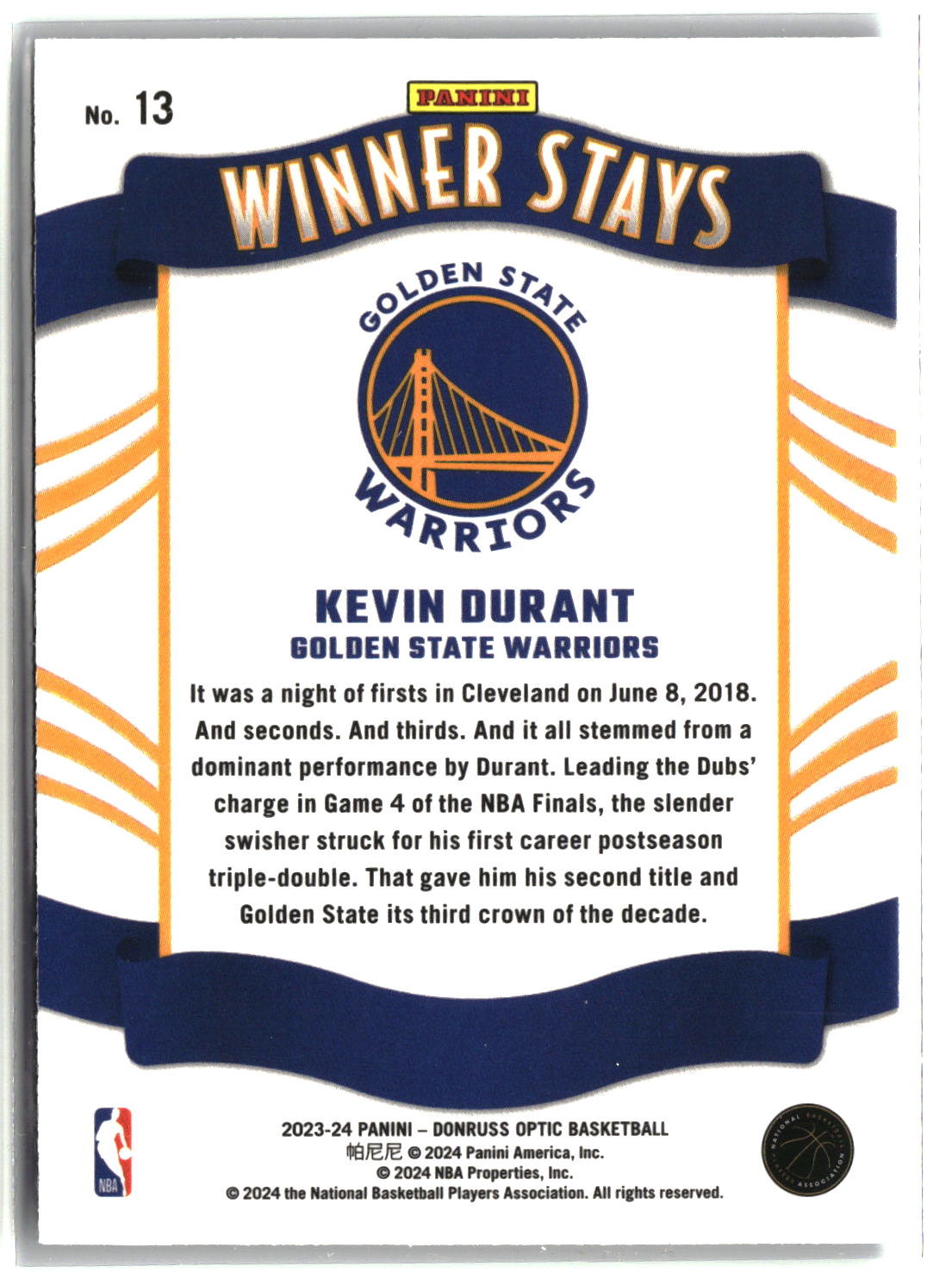 Kevin Durant 2023-24 Donruss Optic Winner Stays #13