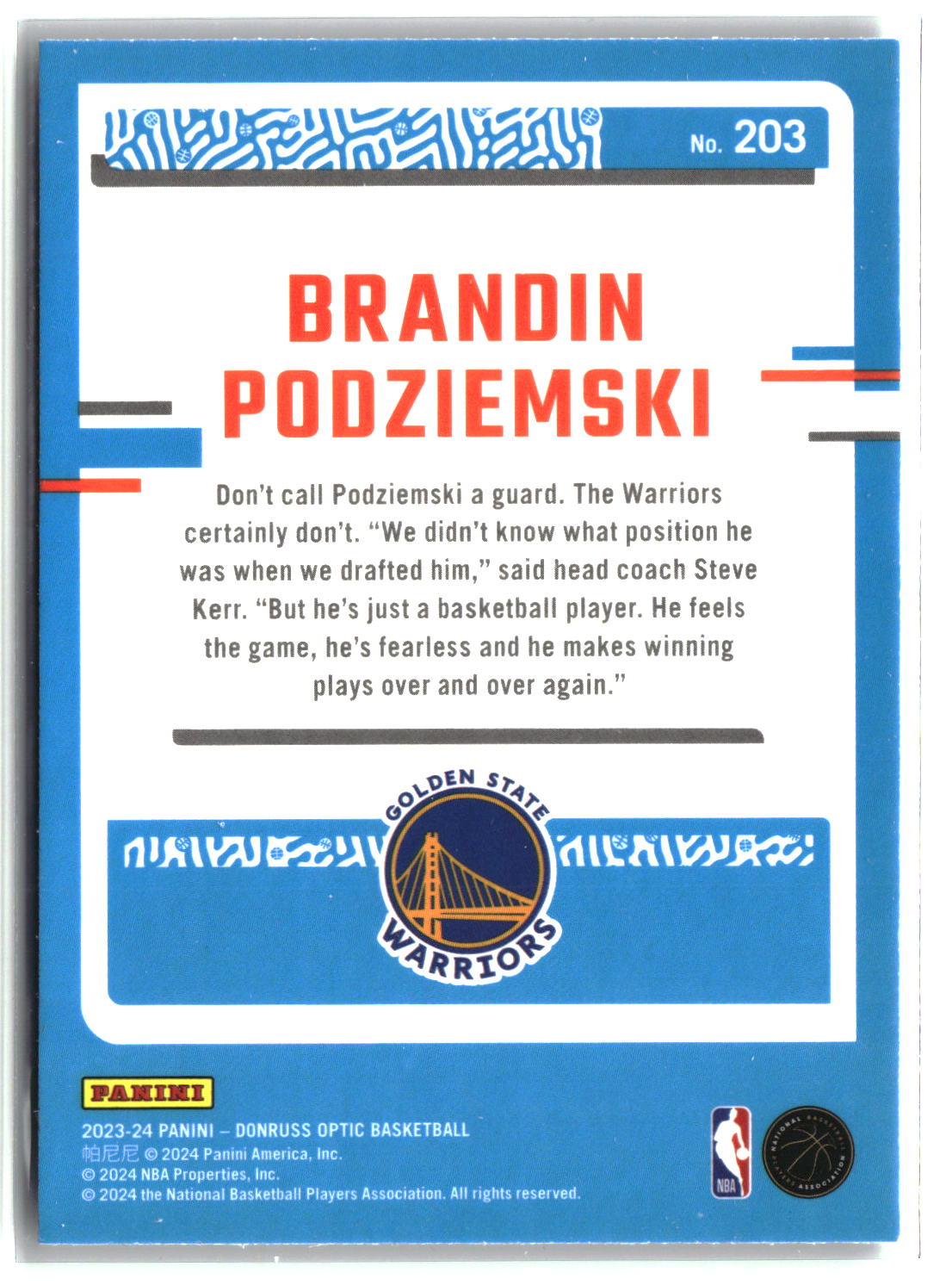 Brandin Podziemski 2023-24 Donruss Optic #203