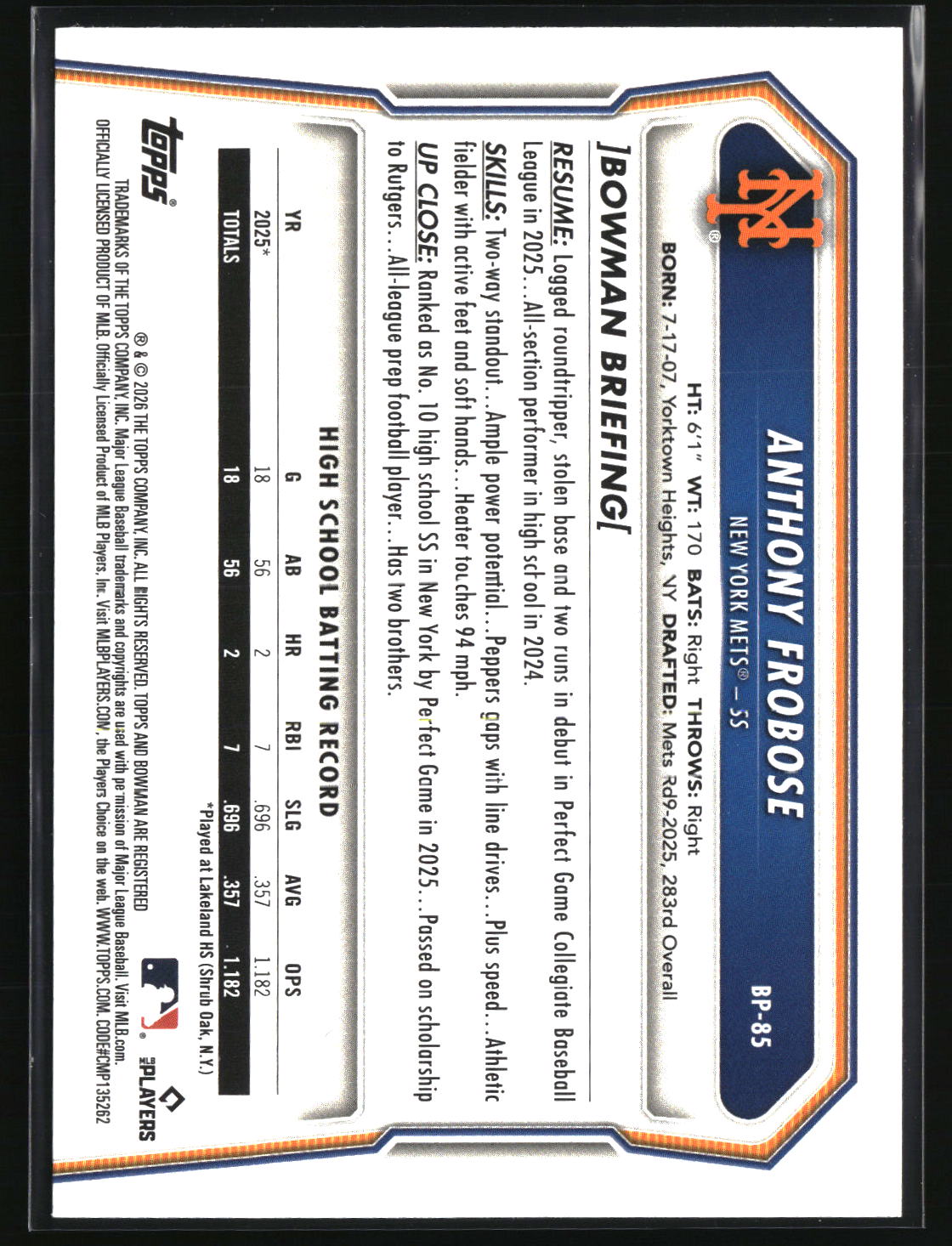 Anthony Frobose 2026 Bowman Prospects #BP-85